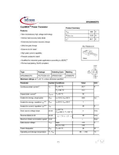 Infineon spa20n60cfd rev1.3  . Electronic Components Datasheets Active components Transistors Infineon spa20n60cfd_rev1.3.pdf