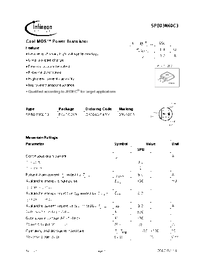 Infineon spb03n60c3 rev.2.5  . Electronic Components Datasheets Active components Transistors Infineon spb03n60c3_rev.2.5.pdf