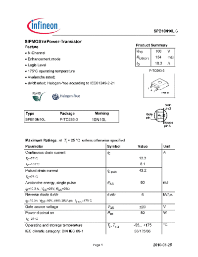 Infineon spb10n10l rev1.1  . Electronic Components Datasheets Active components Transistors Infineon spb10n10l_rev1.1.pdf