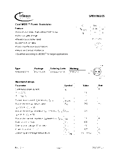 Infineon spb11n60s5 rev.2.3  . Electronic Components Datasheets Active components Transistors Infineon spb11n60s5_rev.2.3.pdf