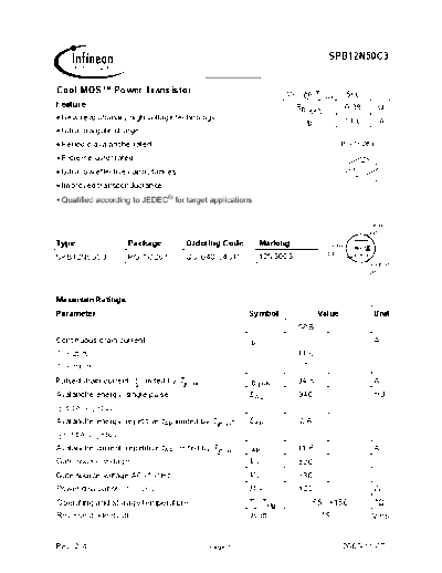 Infineon spb12n50c3 rev.2.4  . Electronic Components Datasheets Active components Transistors Infineon spb12n50c3_rev.2.4.pdf