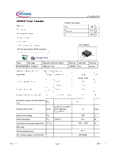 Infineon spb18p06p rev1.5  . Electronic Components Datasheets Active components Transistors Infineon spb18p06p_rev1.5.pdf