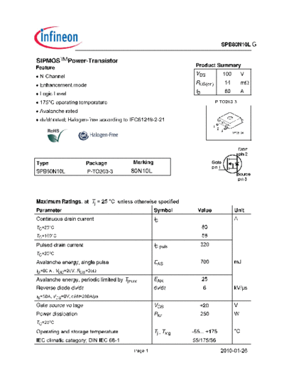 Infineon spb80n10lg rev1.2  . Electronic Components Datasheets Active components Transistors Infineon spb80n10lg_rev1.2.pdf