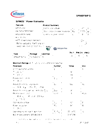 Infineon spb80p06pgrev1.6  . Electronic Components Datasheets Active components Transistors Infineon spb80p06pgrev1.6.pdf