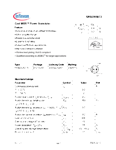 Infineon spd03n50c3 rev.2.5  . Electronic Components Datasheets Active components Transistors Infineon spd03n50c3_rev.2.5.pdf