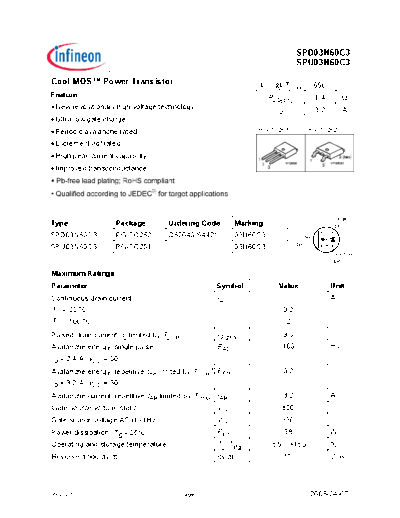 Infineon spd03n60c3 spu03n60c3 rev.2.5  . Electronic Components Datasheets Active components Transistors Infineon spd03n60c3_spu03n60c3_rev.2.5.pdf
