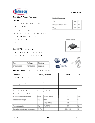Infineon spd04n80c3 rev2.91  . Electronic Components Datasheets Active components Transistors Infineon spd04n80c3_rev2.91.pdf