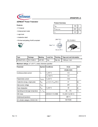 Infineon spd04p10pl rev1.5  . Electronic Components Datasheets Active components Transistors Infineon spd04p10pl_rev1.5.pdf