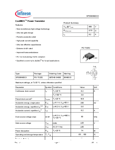 Infineon spd06n60c3 rev.1.5  . Electronic Components Datasheets Active components Transistors Infineon spd06n60c3_rev.1.5.pdf