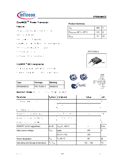 Infineon spd06n80c3 rev2.91  . Electronic Components Datasheets Active components Transistors Infineon spd06n80c3_rev2.91.pdf