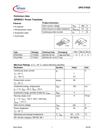 Infineon spd07n20  . Electronic Components Datasheets Active components Transistors Infineon spd07n20.pdf