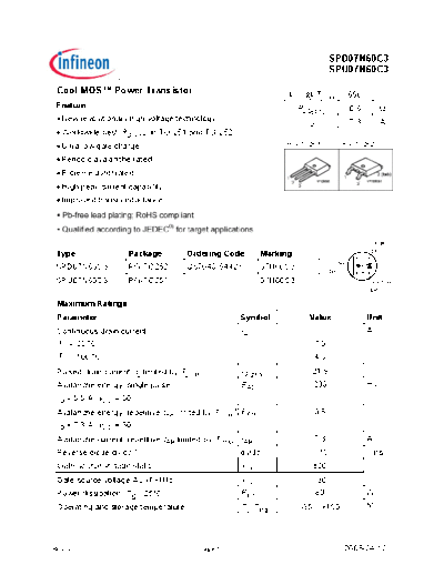 Infineon spd07n60c3 spu07n60c3 rev.2.5  . Electronic Components Datasheets Active components Transistors Infineon spd07n60c3_spu07n60c3_rev.2.5.pdf