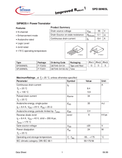 Infineon spd08n05  . Electronic Components Datasheets Active components Transistors Infineon spd08n05.pdf
