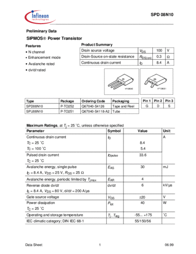 Infineon spd08n10  . Electronic Components Datasheets Active components Transistors Infineon spd08n10.pdf