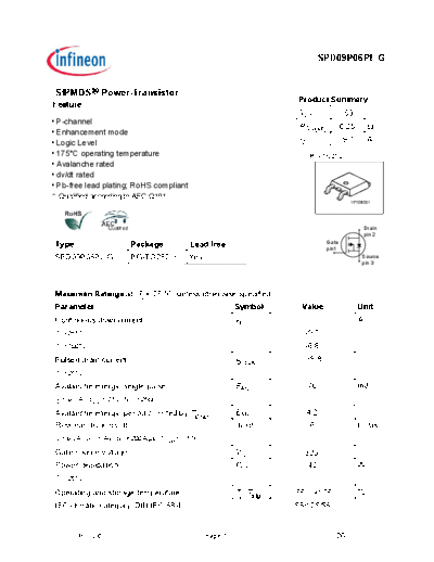 Infineon spd09p06plrev2.6  . Electronic Components Datasheets Active components Transistors Infineon spd09p06plrev2.6.pdf