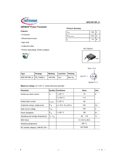 Infineon spd15p10plg rev1.4  . Electronic Components Datasheets Active components Transistors Infineon spd15p10plg_rev1.4.pdf