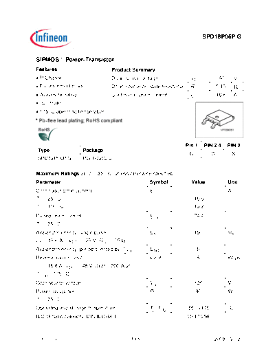 Infineon spd18p06p rev.3.4  . Electronic Components Datasheets Active components Transistors Infineon spd18p06p_rev.3.4.pdf