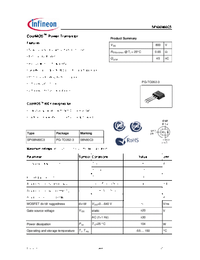 Infineon spi08n80c3 rev2.91  . Electronic Components Datasheets Active components Transistors Infineon spi08n80c3_rev2.91.pdf