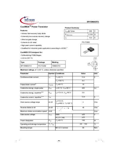 Infineon spi15n60cfd rev1.0 b  . Electronic Components Datasheets Active components Transistors Infineon spi15n60cfd_rev1.0_b.pdf