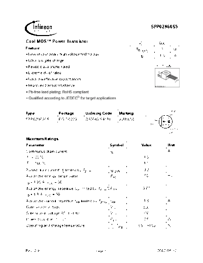 Infineon spp02n60s5 rev.2.6  . Electronic Components Datasheets Active components Transistors Infineon spp02n60s5_rev.2.6.pdf