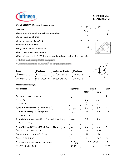 Infineon spp03n60c3 spa03n60c3 rev.3.1  . Electronic Components Datasheets Active components Transistors Infineon spp03n60c3_spa03n60c3_rev.3.1.pdf