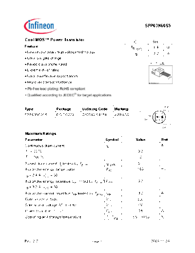 Infineon spp03n60s5 rev.2.7  . Electronic Components Datasheets Active components Transistors Infineon spp03n60s5_rev.2.7.pdf