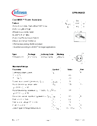 Infineon spp04n60s5 rev.2.7  . Electronic Components Datasheets Active components Transistors Infineon spp04n60s5_rev.2.7.pdf