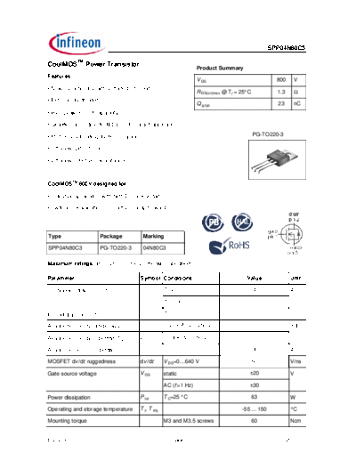 Infineon spp04n80c3 rev2.91  . Electronic Components Datasheets Active components Transistors Infineon spp04n80c3_rev2.91.pdf