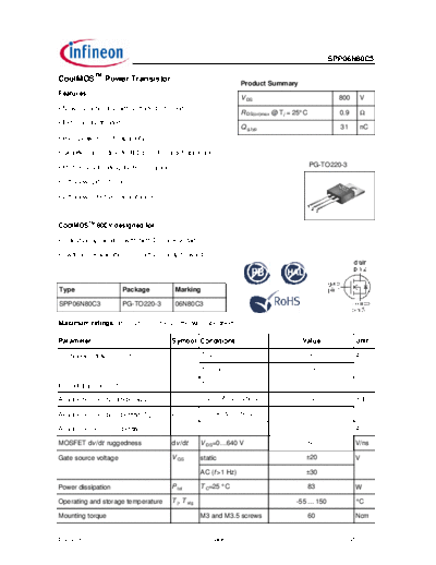 Infineon spp06n80c3 rev2.91  . Electronic Components Datasheets Active components Transistors Infineon spp06n80c3_rev2.91.pdf
