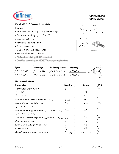 Infineon spp07n60s5 spi07n60s5 rev.2.7  . Electronic Components Datasheets Active components Transistors Infineon spp07n60s5_spi07n60s5_rev.2.7.pdf