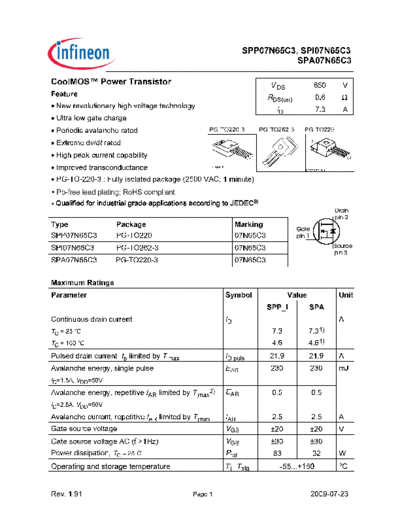 Infineon spp07n65c3 spa07n65c3 spi07n65c3  . Electronic Components Datasheets Active components Transistors Infineon spp07n65c3_spa07n65c3_spi07n65c3.pdf