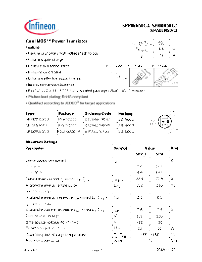 Infineon spp08n50c3 spi08n50c3 spa08n50c3 rev.2.91  . Electronic Components Datasheets Active components Transistors Infineon spp08n50c3_spi08n50c3_spa08n50c3_rev.2.91.pdf
