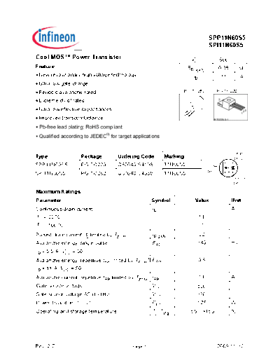 Infineon spp11n60s5 spi11n60s5 rev.2.7  . Electronic Components Datasheets Active components Transistors Infineon spp11n60s5_spi11n60s5_rev.2.7.pdf