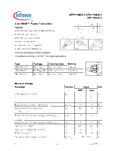 Infineon spp11n65c3 spa11n65c3 spi11n65c3 rev.2.91  . Electronic Components Datasheets Active components Transistors Infineon spp11n65c3_spa11n65c3_spi11n65c3_rev.2.91.pdf