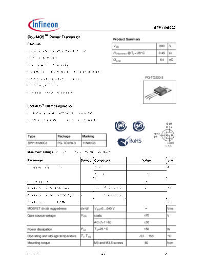 Infineon spp11n80c3 rev2.91  . Electronic Components Datasheets Active components Transistors Infineon spp11n80c3_rev2.91.pdf