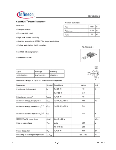 Infineon spp15n65c3 rev 2 0  . Electronic Components Datasheets Active components Transistors Infineon spp15n65c3_rev_2_0.pdf