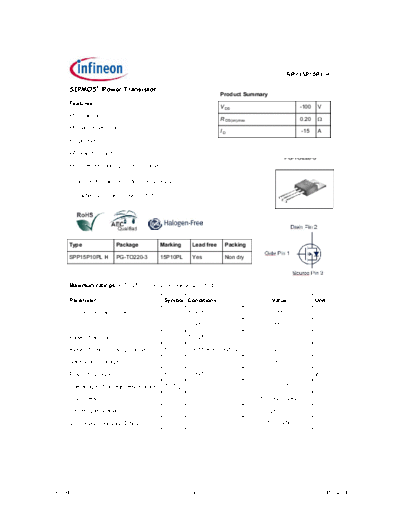Infineon spp15p10plh rev1.4  . Electronic Components Datasheets Active components Transistors Infineon spp15p10plh_rev1.4.pdf