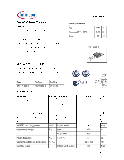 Infineon spp17n80c3 rev2.91  . Electronic Components Datasheets Active components Transistors Infineon spp17n80c3_rev2.91.pdf