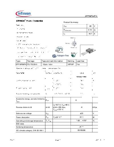 Infineon spp18p06ph rev1.91  . Electronic Components Datasheets Active components Transistors Infineon spp18p06ph_rev1.91.pdf