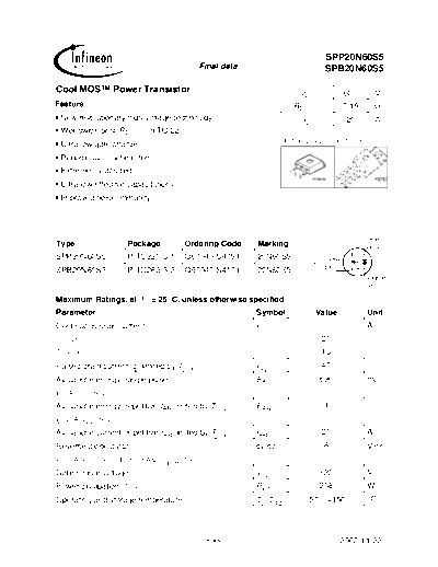 Infineon spp20n60s5  . Electronic Components Datasheets Active components Transistors Infineon spp20n60s5.pdf