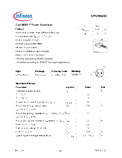 Infineon spp20n60s5 rev.2.8  . Electronic Components Datasheets Active components Transistors Infineon spp20n60s5_rev.2.8.pdf