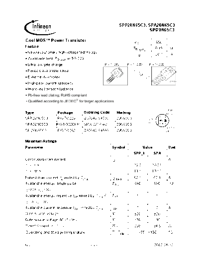 Infineon spp20n65c3 spa20n65c3 spi20n65c3  . Electronic Components Datasheets Active components Transistors Infineon spp20n65c3_spa20n65c3_spi20n65c3.pdf