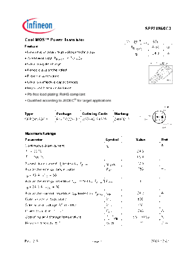 . Electronic Components Datasheets spp24n60c3 rev.2.5  . Electronic Components Datasheets Active components Transistors Infineon spp24n60c3_rev.2.5.pdf