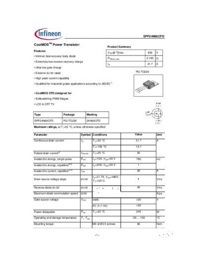 Infineon spp24n60cfd rev1.3  . Electronic Components Datasheets Active components Transistors Infineon spp24n60cfd_rev1.3.pdf