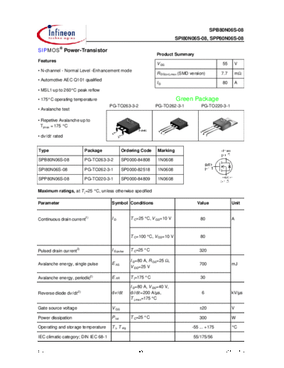 Infineon spp80n06s spb80n06s spi80n06s-08green  . Electronic Components Datasheets Active components Transistors Infineon spp80n06s_spb80n06s_spi80n06s-08green.pdf