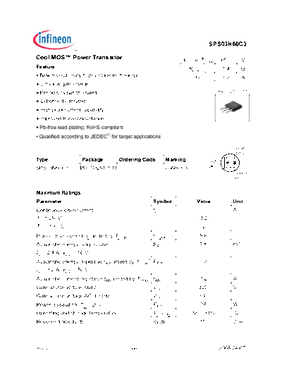 . Electronic Components Datasheets sps03n60c3 rev21  . Electronic Components Datasheets Active components Transistors Infineon sps03n60c3_rev21.pdf
