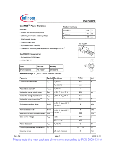 Infineon spw07n60cfd rev1[1].2 pcn  . Electronic Components Datasheets Active components Transistors Infineon spw07n60cfd_rev1[1].2_pcn.pdf