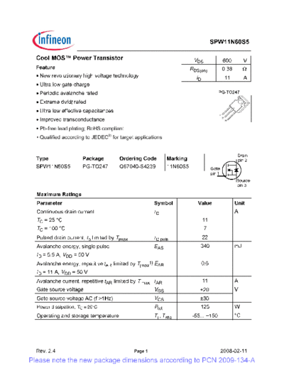 Infineon spw11n60s5 rev[1].2.4 pcn  . Electronic Components Datasheets Active components Transistors Infineon spw11n60s5_rev[1].2.4_pcn.pdf