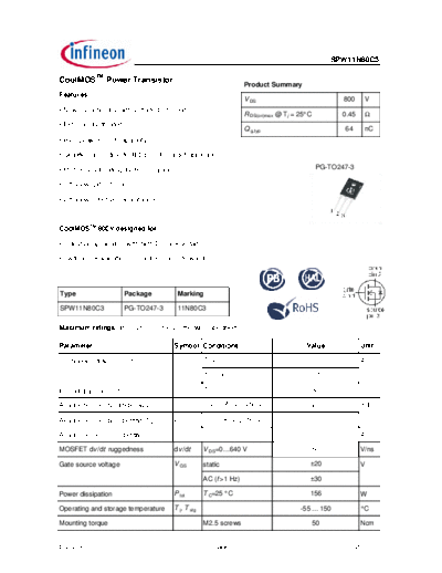 Infineon spw11n80c3 rev2.91  . Electronic Components Datasheets Active components Transistors Infineon spw11n80c3_rev2.91.pdf