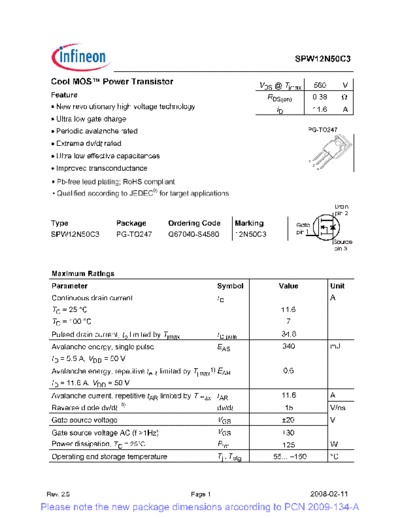 Infineon spw12n50c3 rev[1].2.5 pcn  . Electronic Components Datasheets Active components Transistors Infineon spw12n50c3_rev[1].2.5_pcn.pdf